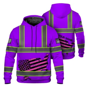 Hi Vis Hoodie Reflective Tapes Violet Map US Flag Scratch Custom Name Safety Workwear For Workers, Runners, Cyclists