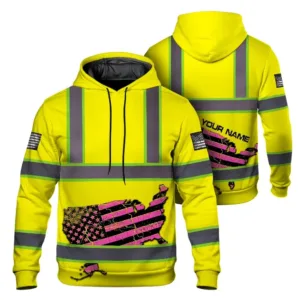 Hi Vis Hoodie Reflective Tapes Yellow Map US Flag Scratch Custom Name Safety Workwear For Workers, Runners, Cyclists
