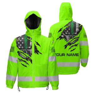 Hi Vis Jacket Waterproof And Windproof Green Skull US Flag Custom Name Reflective Safety Workwear For Runners, Truckers, Skull Lovers