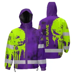 Hi Vis Jacket Waterproof And Windproof Reflective Black Pattern Skull Custom Name Safety Workwear For Workers, Runners, Truckers, Skull Lovers