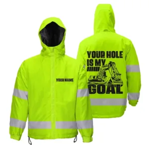 Hi Vis Jacket Waterproof And Windproof Reflective Green Your Hole Is My Goal Custom Name Safety Workwear