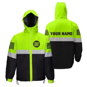 Hi Vis Jacket Waterproof And Windproof Reflective Tapes Green Neon And Black Uniform US Flag Custom Name And Logo Safety Workwear