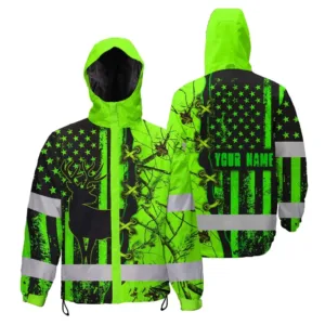 Hi Vis Jacket Waterproof And Windproof Reflective Deer Hunting US Flag Custom Name Safety Workwear