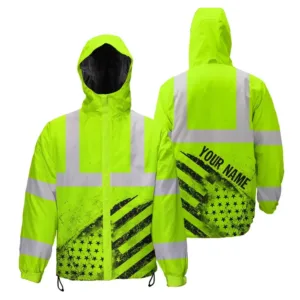 Hi Vis Jacket Waterproof And Windproof Reflective Green Black US Flag Custom Name Safety