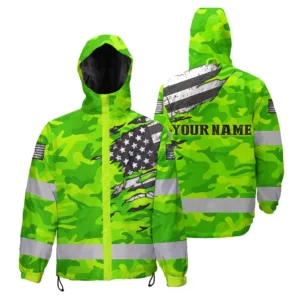 Hi Vis Jacket Waterproof And Windproof Reflective Scratch Green Camo Neon US Flag Custom Name