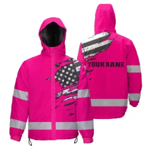 Hi Vis Jacket Waterproof And Windproof Reflective Scratch Pink Neon US Flag Custom Name
