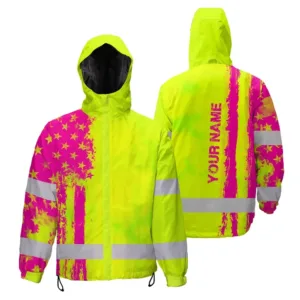 Hi Vis Jacket Waterproof And Windproof Reflective Tapes Yellow And Pink Neon US Flag Custom Name