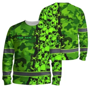 Hi Vis Long Sleeve Custom Name, Pattern Skull Camo Reflective Safety Workwear For Workers, Runners, Truckers, Skull Lovers