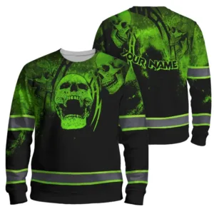 Hi Vis Long Sleeve Reflective Tapes Green Neon Skull Custom Name Safety Workwear For Skull Lovers, Workers, Runners, Cyclists