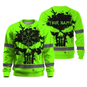 Hi Vis Long Sleeve Reflective Tapes Green Neon Skull Viking Symbol Custom Name