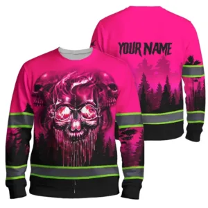 Hi Vis Long Sleeve Reflective Tapes Skull Pink Neon Workwear Safety For Women Men Worker, Trucker, Operator, Skull Lovers, Drivers, Runners