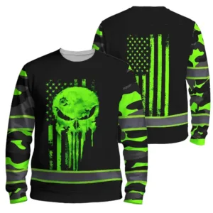Hi Vis Long Sleeve Reflective US Flag Camo Skull Custom Name Safety Workwear For Runners, Truckers, Skull Lovers