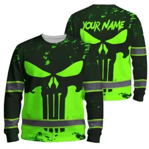 Hi Vis Long Sleeve Shirt Green Neon US Flag - Personalized Safety Workwear For Skull Lover, Cyclists, Runners