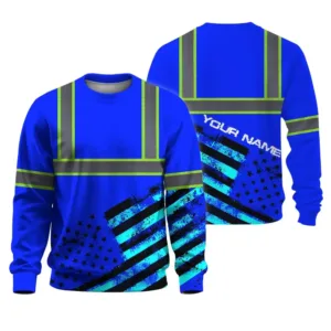 Hi Vis Long Sleeve Shirt Reflective Black And Blue Neon USA Flag Custom Name
