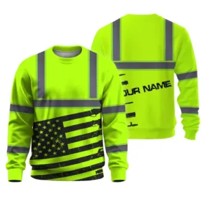 Hi Vis Long Sleeve Shirt Reflective Green Gun USA Flag Custom Name Safety