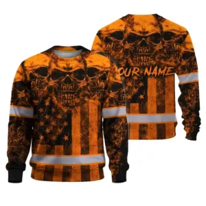 Hi Vis Long Sleeve Shirt Reflective Orange Skull US Flag Custom Name