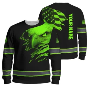Hi Vis Long Sleeve Shirt Reflective Tapes Green Neon Eagle US Flag Custom Name