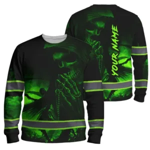 Hi Vis Long Sleeve Shirt With Custom Name And Green Neon Death Skull Design For Safety Workwear