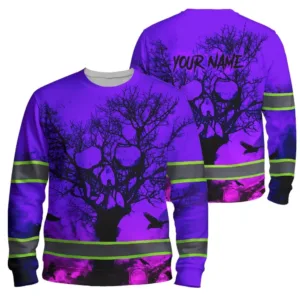 Hi Vis Long Sleeve Shirt With Violet Neon Forest Skull And Custom Name For Safety Workwear
