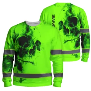 Hi Vis Long Sleeve Shirts Green Neon Reflective Tapes Skull Watercolor Custom Name