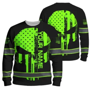 Hi Vis Long Sleeve Skull US Flag Neon Purple Reflective Custom Name Safety Workwear For Workers, Skull Lovers