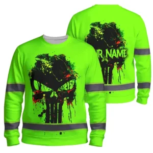 High Visibility Long Sleeve Shirt Green Neon Reflective Paint Plash Skull Custom Name