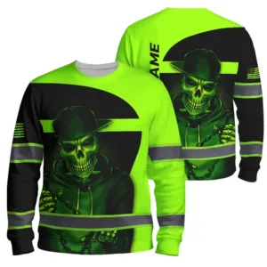 High Visibility Long Sleeve Shirt Skull US Flag Patriotic Green Neon Custom Name For Workers, Runners, Truckers, Patriotic, Skull Lovers