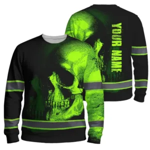 Neon Green Skull Hi Vis Long Sleeve Shirt With Custom Name Designed For Runners, Truckers, And Skull Lovers
