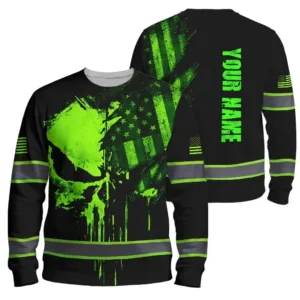 Personalized Hi Vis Long Sleeve Shirt With Scratched Green Neon Skull And American Flag Graphics