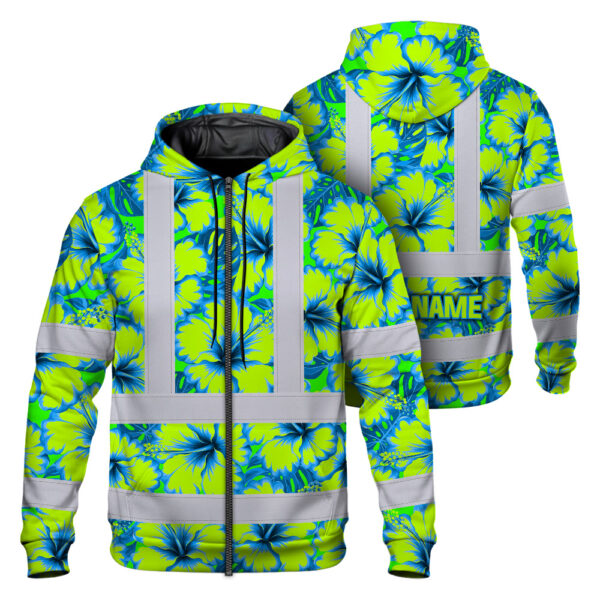 Hi-Vis-Zip-Hoodie-Reflective-Tapes-Blue-Neon-And-Green-Flowers-Custom-Name-Safety-Workwear-For-Workers,-Truckers,-Operators-1