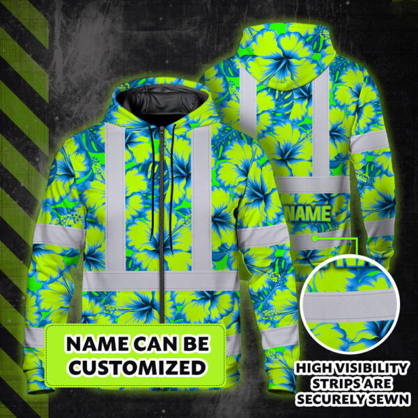 Hi-Vis-Zip-Hoodie-Reflective-Tapes-Blue-Neon-And-Green-Flowers-Custom-Name-Safety-Workwear-For-Workers,-Truckers,-Operators-2