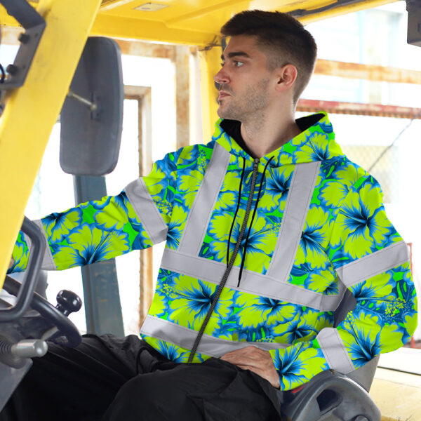 Hi-Vis-Zip-Hoodie-Reflective-Tapes-Blue-Neon-And-Green-Flowers-Custom-Name-Safety-Workwear-For-Workers,-Truckers,-Operators-3