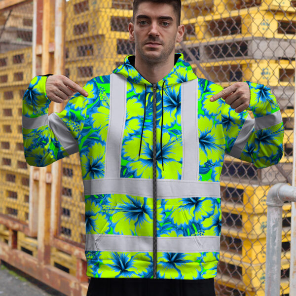 Hi-Vis-Zip-Hoodie-Reflective-Tapes-Blue-Neon-And-Green-Flowers-Custom-Name-Safety-Workwear-For-Workers,-Truckers,-Operators-4