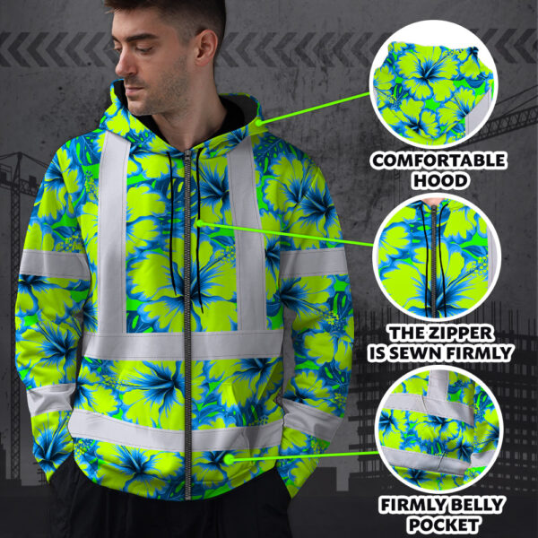 Hi-Vis-Zip-Hoodie-Reflective-Tapes-Blue-Neon-And-Green-Flowers-Custom-Name-Safety-Workwear-For-Workers,-Truckers,-Operators-7