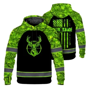 Hi Vis Hoodie Reflective Black And Green Camo Deer Hunting Custom Name Safety Workwear
