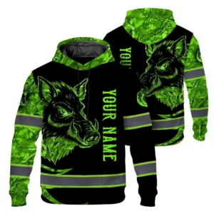 Hi Vis Hoodie Reflective Black And Green Camo Wild Boar Hunting Custom Name Safety Workwear