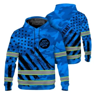 Hi Vis Hoodie Reflective Camo Blue Neon US Flag Custom Name And Logo Safety Workwear For Truckers, Workers, Runners, Cyclists, Patriotic