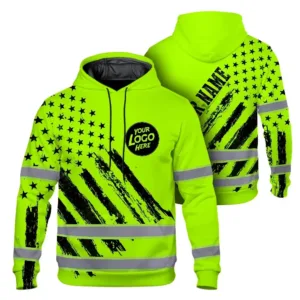 Hi Vis Hoodie Reflective Green Neon US Flag 2 Custom Name And Logo Safety Workwear For Truckers, Workers, Runners, Cyclists, Patriotic