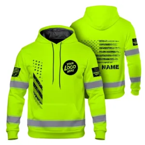 Hi Vis Hoodie Reflective Lime USA Flag Custom Name And Logo Safety Workwear