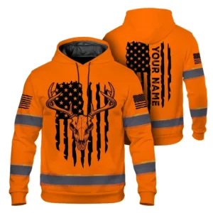 Hi Vis Hoodie Reflective Orange Neon Skull Deer Hunting US Flag Custom Name Safety Workwear