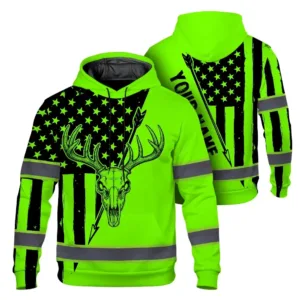 Hi Vis Hoodie Reflective Skull Deer Hunting US Flag Custom Name Safety Workwear