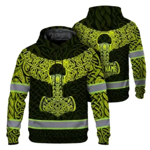 Hi Vis Hoodie Reflective Tapes Black Lime Neon Viking Custom Name Safety Workwear For Workers, Runners, Cyclists