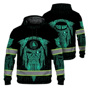 Hi Vis Hoodie Reflective Tapes Black Mint Neon Viking Custom Name Safety Workwear For Workers, Runners, Cyclists