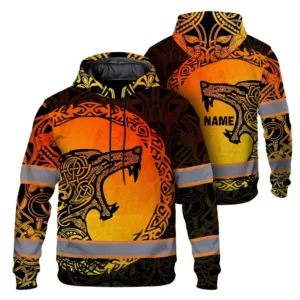 Hi Vis Hoodie Reflective Tapes Black Orange Gradient Neon Viking Custom Name Safety Workwear For Workers, Runners, Cyclists