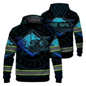 Hi Vis Hoodie Reflective Tapes Gradient Blue Neon Viking Custom Name Safety Workwear For Workers, Runners, Cyclists