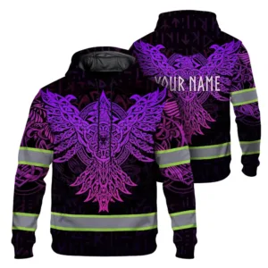 Hi Vis Hoodie Reflective Tapes Gradient Violet And Pink Neon Eagle Viking Custom Name Safety Workwear For Workers, Runners, Cyclists