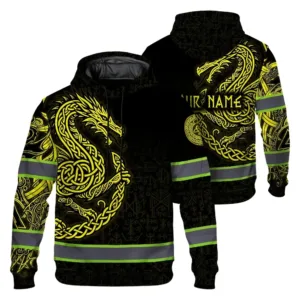 Hi Vis Hoodie Reflective Tapes Gradient Yellow Neon Dragon Viking Custom Name Safety Workwear For Workers, Runners, Cyclists