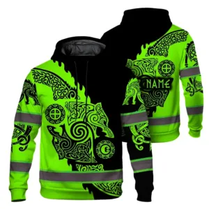 Hi Vis Hoodie Reflective Tapes Green Neon And Black Viking Custom Name Safety Workwear For Workers, Runners, Cyclists