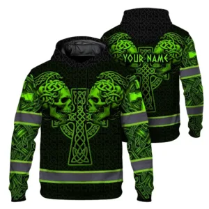 Hi Vis Hoodie Reflective Tapes Green Neon Viking 2 Custom Name Safety Workwear For Workers, Runners, Cyclists