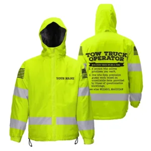 Hi Vis Jacket Waterproof And Windproof Green Neon Tow Truck Operator Custom Name Safety Workwear